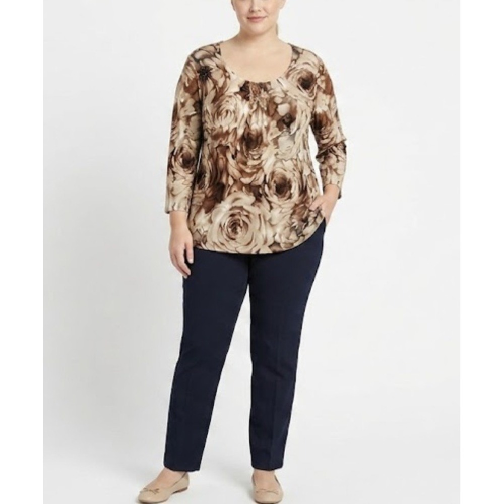Susan Graver Floral Blouse 1X Brown Liquid Knit 3/4 Sleeve V-Neck Rose Print